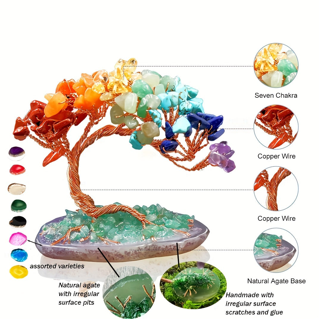 1pc Seven Chakra Stone Potted Plant Tree, Handcrafted Crystal Money Tree With Natural Agate Base, Lucky Decorative Craft For Wealth And Prosperity, Irregular Cracks & Small Gaps Possible -Jewelry Patterns