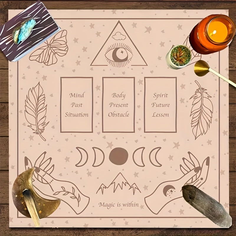 Mystical Pink Butterfly & Moon Phase Tarot Card Reading Cloth – 1pc Handmade Woven Polyester Altar Tablecloth for Divination & Room Decor, Rectangular Shape, 100% Polyester Material