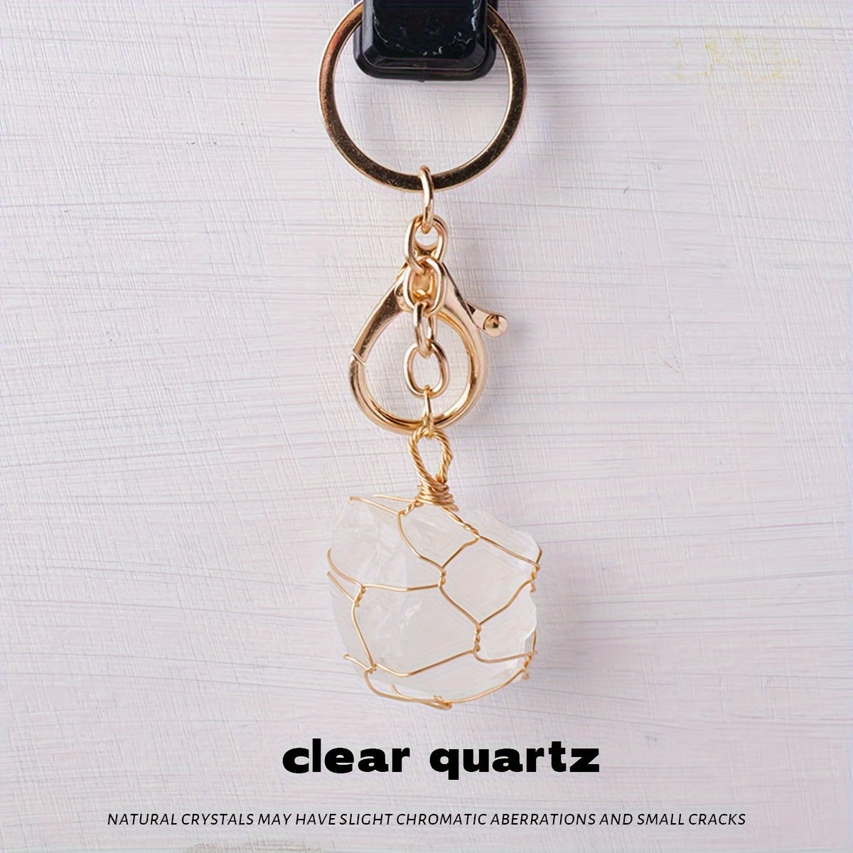 Single Natural Crystal Raw Stone Keychain - Handcrafted Golden Wire Mesh Bag with Unpolished Gemstone, Sports Themed Lobster Clasp Decorative Key Chain for Christmas