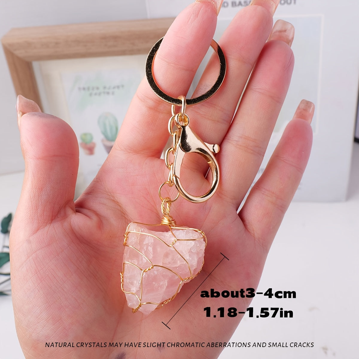 Single Natural Crystal Raw Stone Keychain - Handcrafted Golden Wire Mesh Bag with Unpolished Gemstone, Sports Themed Lobster Clasp Decorative Key Chain for Christmas
