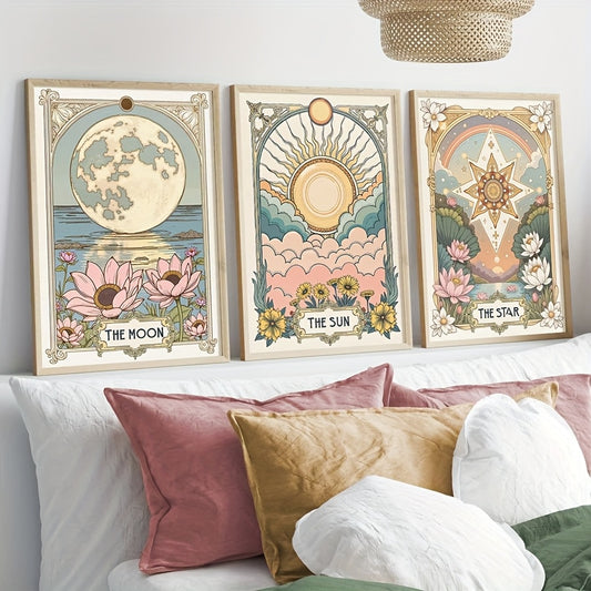 Set of 3 Vintage Sun Star Moon Tarot Art Print, Retro Floral Botanical Wall Art, Boho Flower Canvas Posters, Celestial Wall Decor, Astrology Gift for Living Room, Bedroom, Kitchen, Office, Cafe, Bar, Dorm, Hallway, Home And R