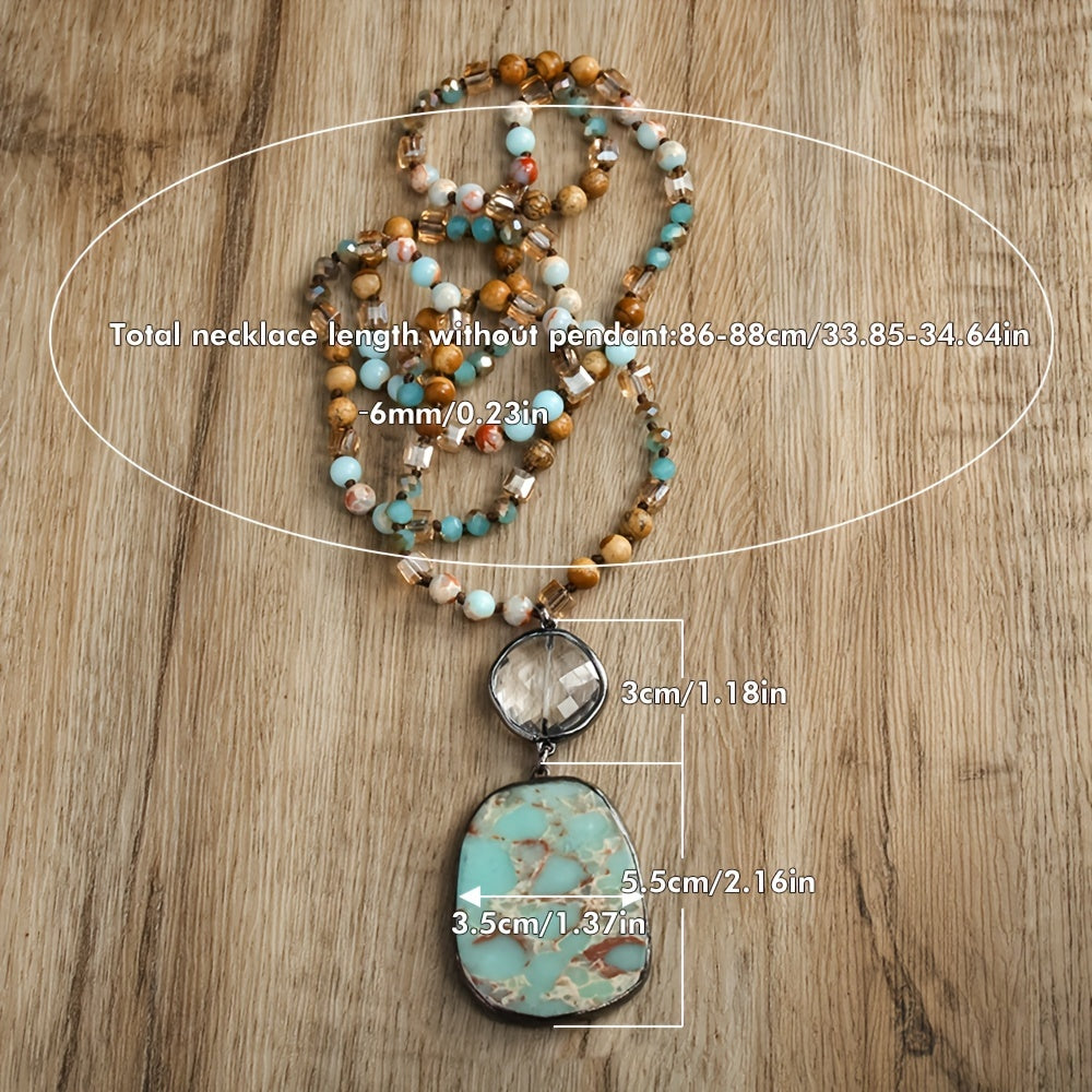 Spring Series Bohemian Vintage Style Natural Stone Crystal Glass Knot Pendant Necklace Square Natural Stone Pendant Women's Sweater Chain Necklace