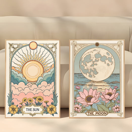 2pcs Unframed Vintage Celestial Tarot-Inspired Wall Art, Sun Moon and Flower Canvas Painting, Waterproof Canvas Wall arts, Artwork Wall Painting for Gift, Ornament for Living Room, Bedroom, Bathroom, Office, Hallway, Kitchen