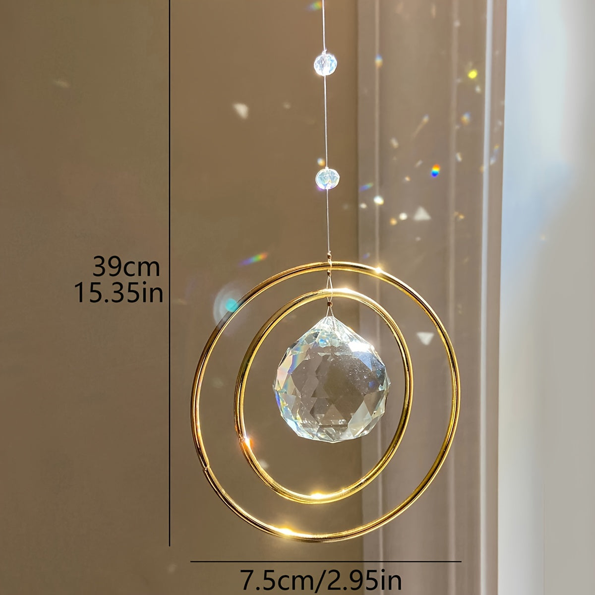 1pc Sparkling Crystal Rainbow Sun Catcher - Elegant Glass Prism Window Hanging Decor with Golden Frame & Blue Beads, Perfect Gift for Loved Ones, Ideal for Valentine's, Thanksgiving & New Year, Rainbow Room Decor