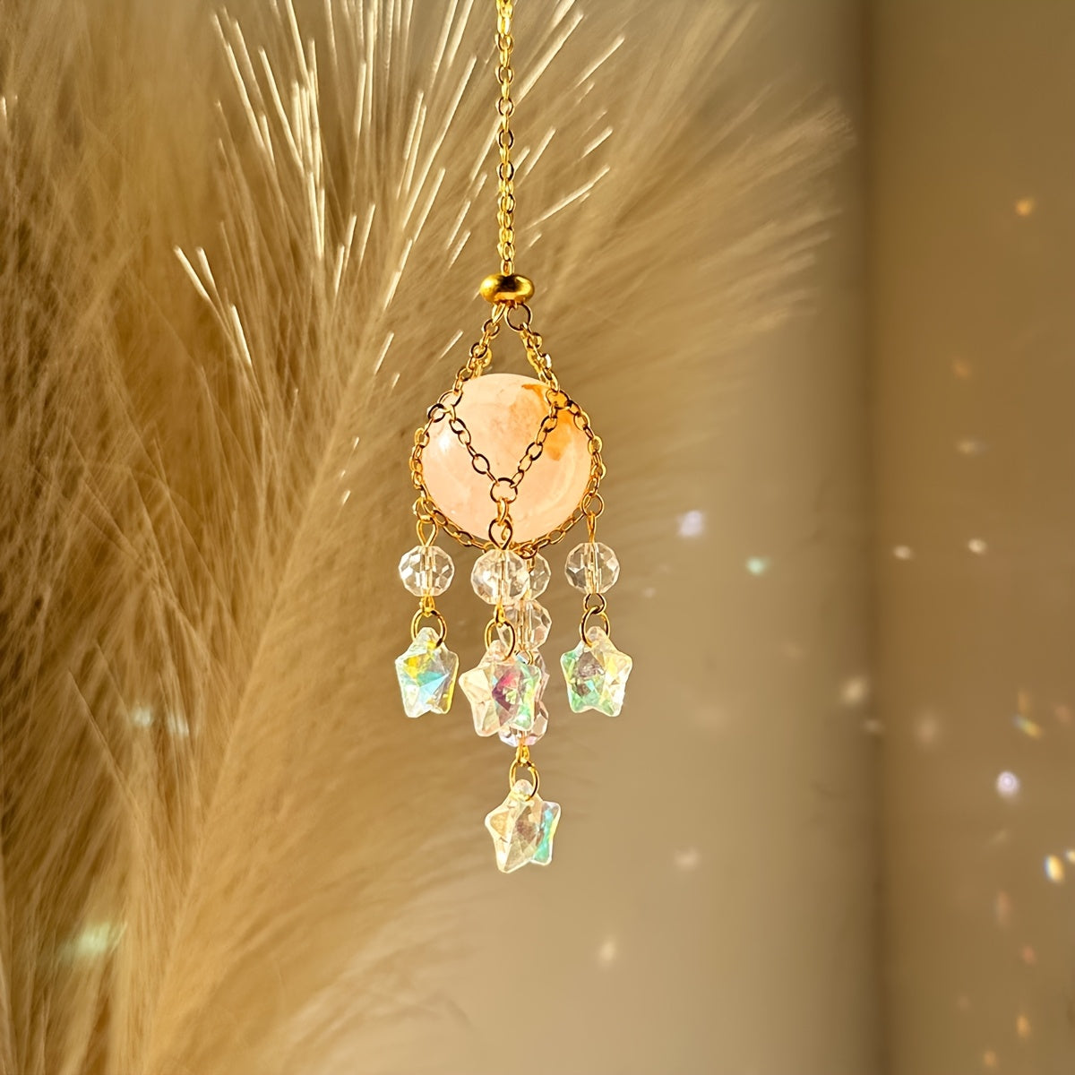 Golden Crystal Sun Catcher with Pink Bead & Faceted Pendant - Elegant Window, Garden, Home, or Car Hanging Decor for Weddings, Valentine's, Thanksgiving, Mother's Day Gifts