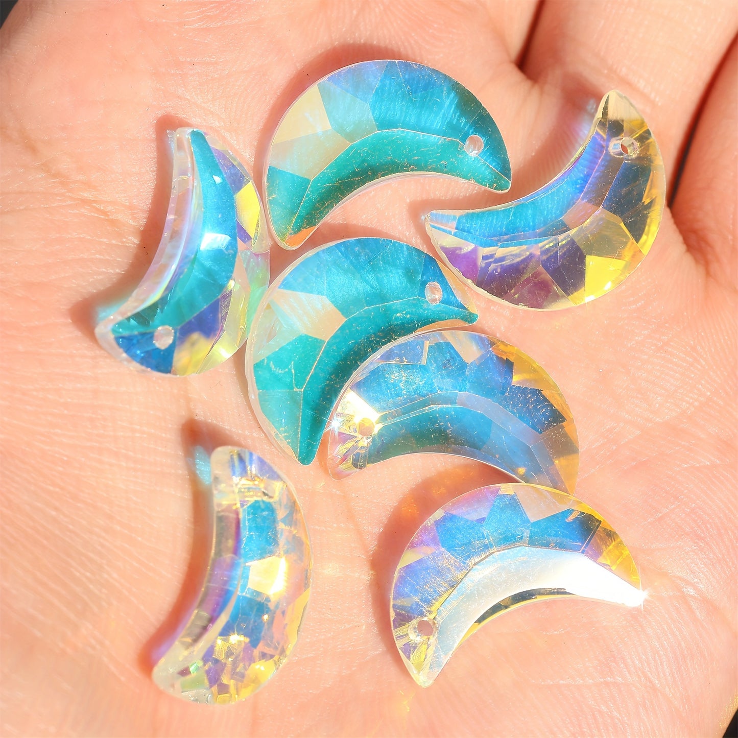 10pcs/50pcs ''Handmade''20mm Single Hole Moon Glass Crystal Beads, Colorful Prism Suncatcher Charm DIY Jewelry & Decoration Crafts
