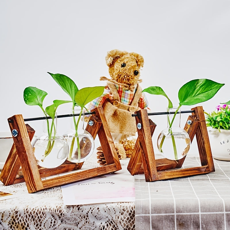 1pc Clear Glass Tabletop Planter Propagation Station in Wooden Rack Terrarium for Plants, Hydroponic Plant Vases for Office Home Decor Room Decoration