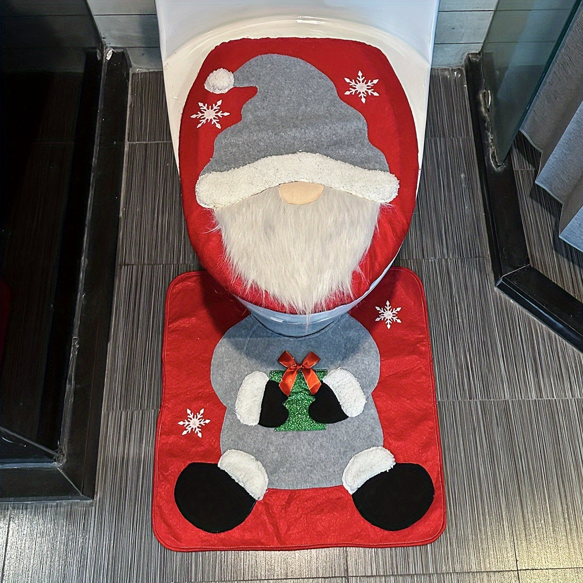 Festive Santa and Snowman Toilet Seat Cover and Rug Set - Seasonal Bathroom Decor - Christmas Gift Idea - Suitable for Holiday Home Accessories
