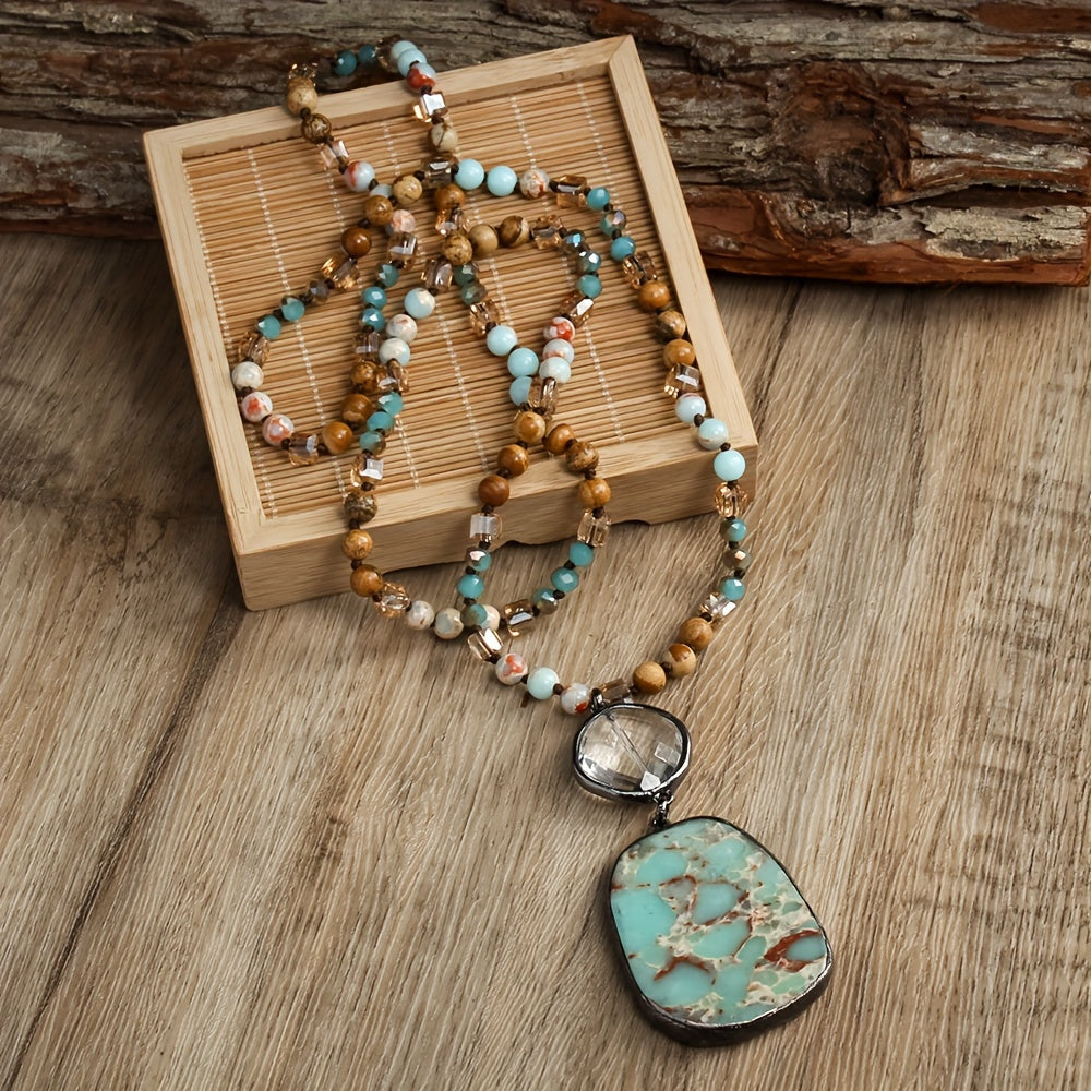 Spring Series Bohemian Vintage Style Natural Stone Crystal Glass Knot Pendant Necklace Square Natural Stone Pendant Women's Sweater Chain Necklace