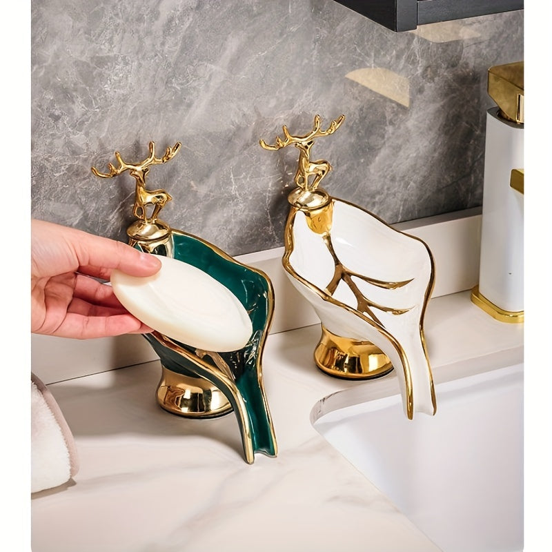 1pc Leaf Shaped Soap Box With Deer Decoration, Self-draining Soap Dish, Soap Holder For Bathroom & Kitchen, Home Decor, Bathroom Essential