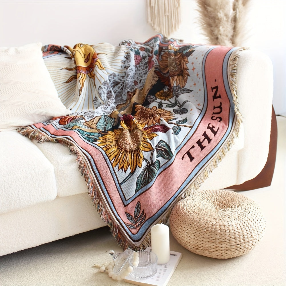 Bohemian Sun Tarot Card Design Throw Blanket - Soft, Lightweight, Washable Knit with Tassels, Perfect for Bed, Sofa, Yoga, Camping & Picnics, Indoor & Outdoor Use, Picnic Blanket | Bohemian Style | Fringed Detailing, Bohemian