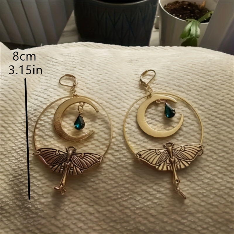 Hollow Circle With Moon Moth Decor Golden Dangle Earrings Retro Bohemian Style Alloy 18K Gold Plated Jewelry Trendy Female Gift