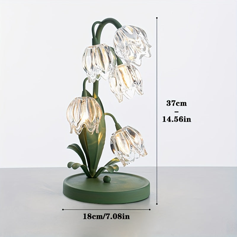 Elegant Crystal Orchid Table Lamp – Art Deco Glass Flower Design with Frosted Metal Finish, USB-Powered Ambient Light for Bedroom, Living Room, or Study Decor, Table Lamp for Bedroom