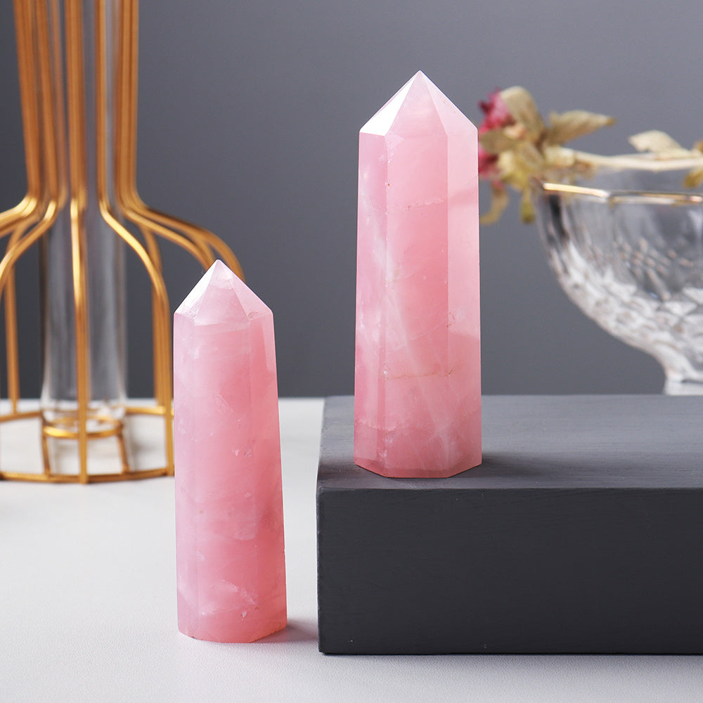 Enchanting Pink Rose Quartz Crystal Tower - Hexagonal Prism Magic Wand, Perfect for Home & Holiday Decor