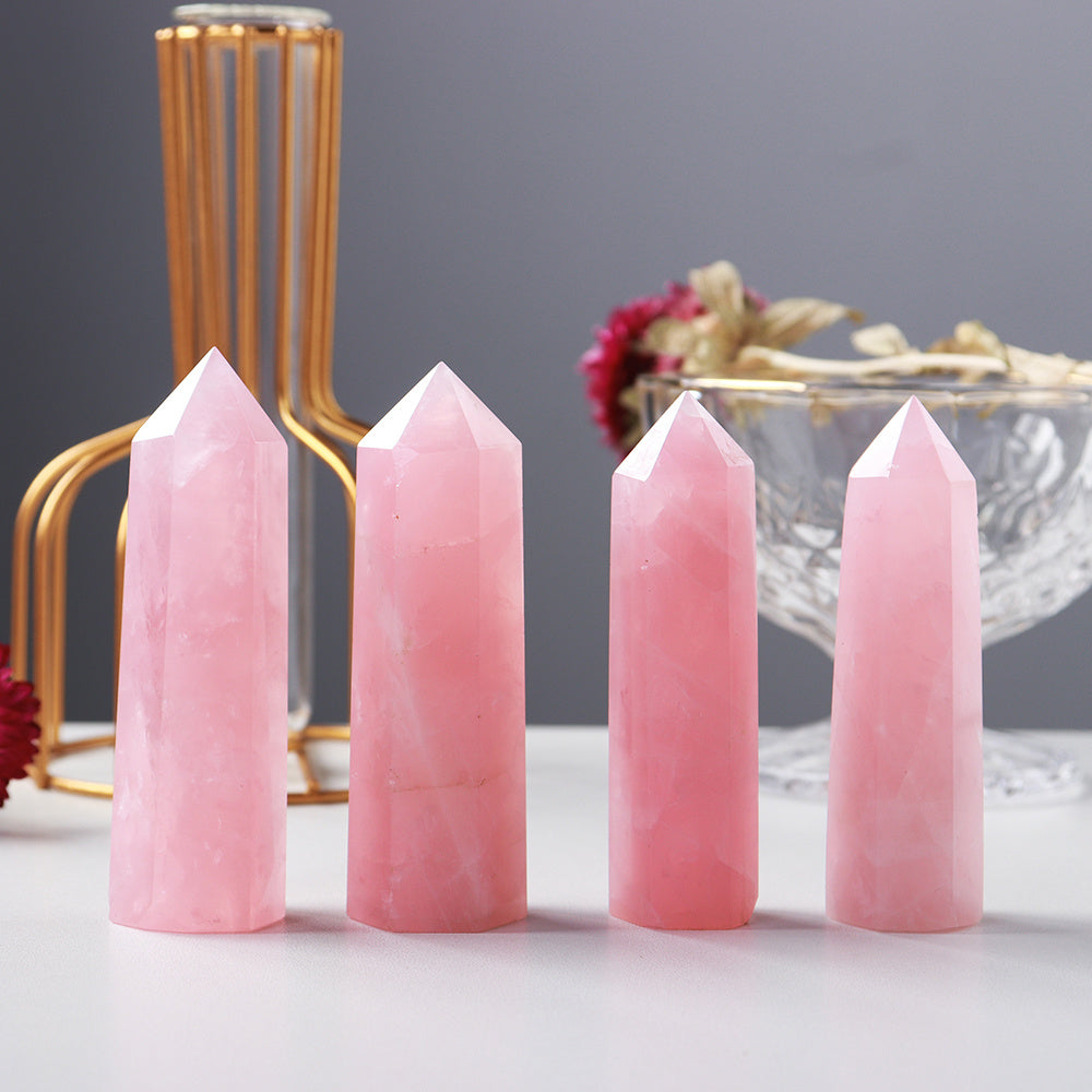 Enchanting Pink Rose Quartz Crystal Tower - Hexagonal Prism Magic Wand, Perfect for Home & Holiday Decor