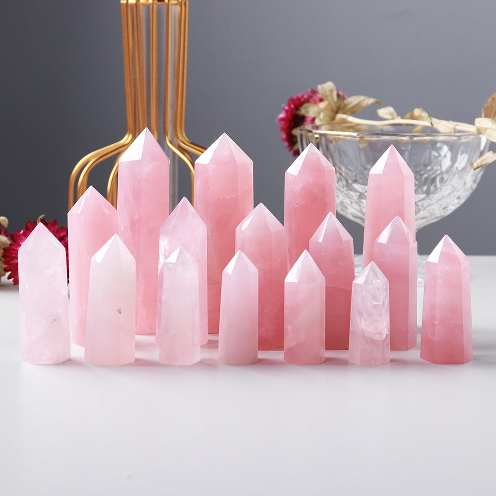Enchanting Pink Rose Quartz Crystal Tower - Hexagonal Prism Magic Wand, Perfect for Home & Holiday Decor