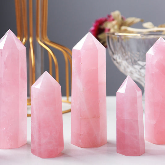 Enchanting Pink Rose Quartz Crystal Tower - Hexagonal Prism Magic Wand, Perfect for Home & Holiday Decor