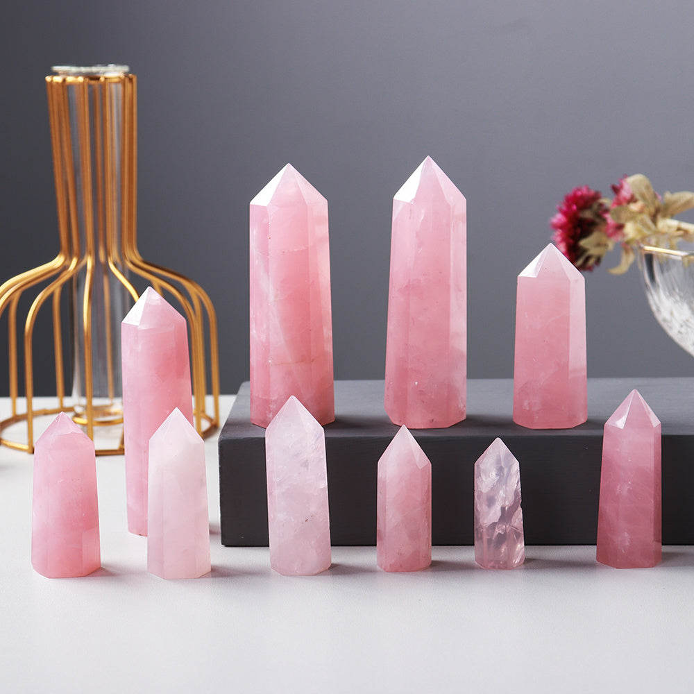 Enchanting Pink Rose Quartz Crystal Tower - Hexagonal Prism Magic Wand, Perfect for Home & Holiday Decor