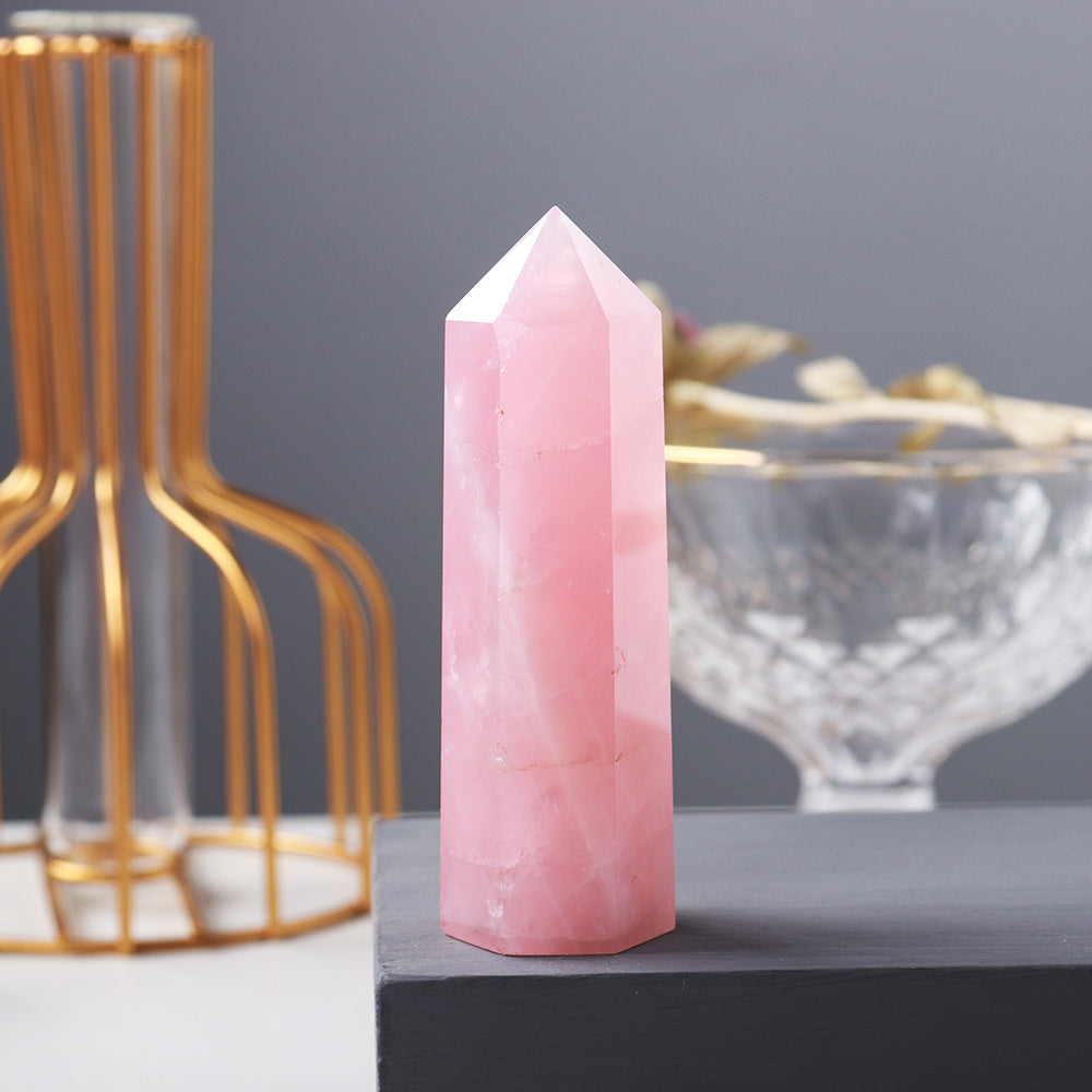 Enchanting Pink Rose Quartz Crystal Tower - Hexagonal Prism Magic Wand, Perfect for Home & Holiday Decor