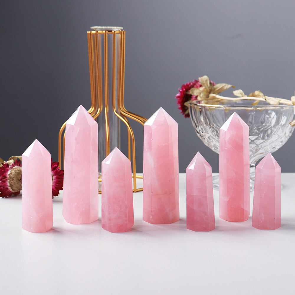 Enchanting Pink Rose Quartz Crystal Tower - Hexagonal Prism Magic Wand, Perfect for Home & Holiday Decor