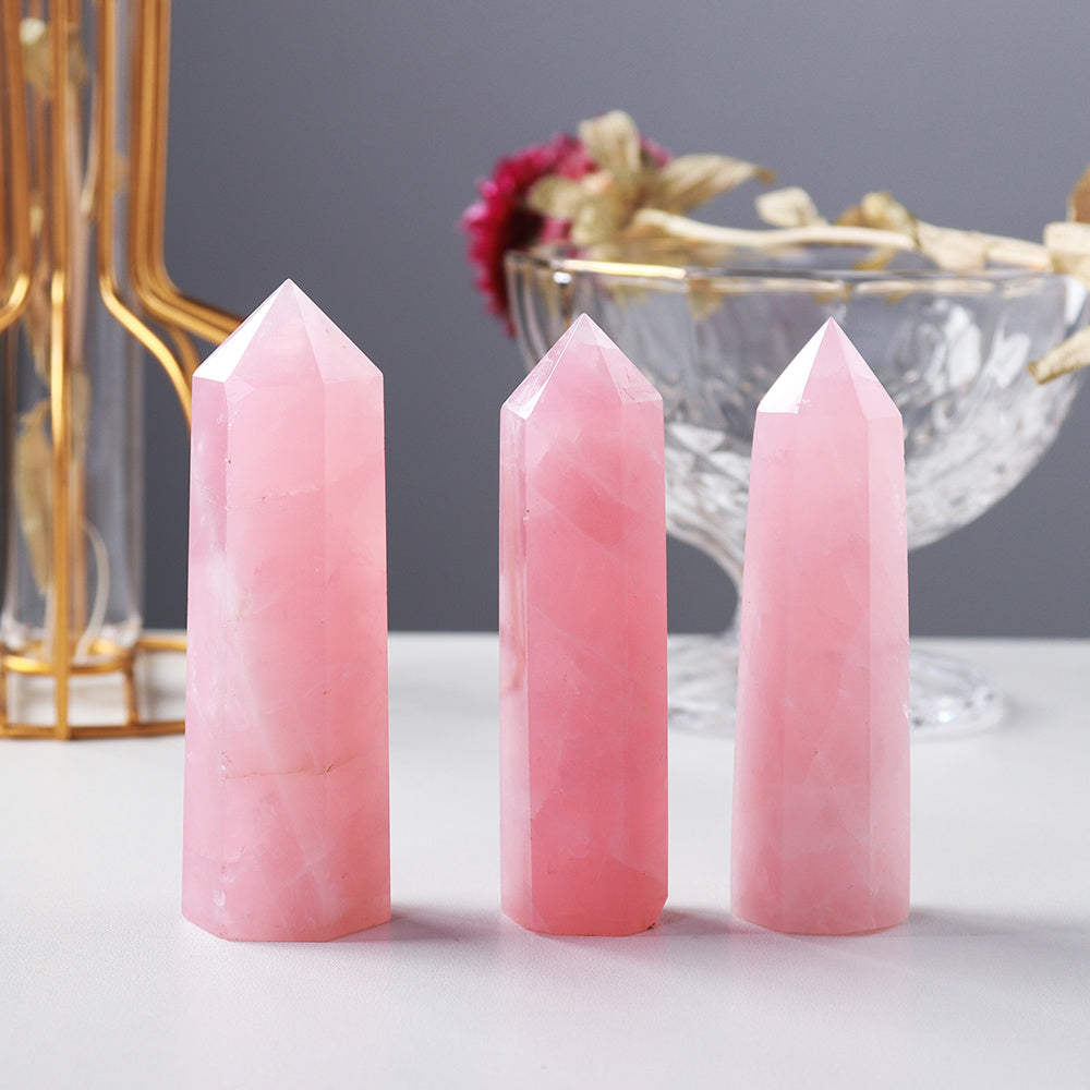 Enchanting Pink Rose Quartz Crystal Tower - Hexagonal Prism Magic Wand, Perfect for Home & Holiday Decor