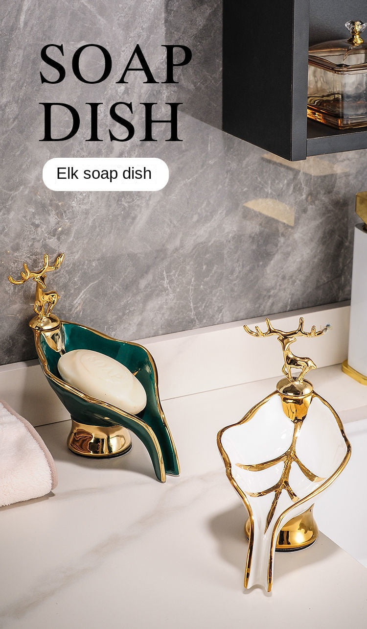 1pc Leaf Shaped Soap Box With Deer Decoration, Self-draining Soap Dish, Soap Holder For Bathroom & Kitchen, Home Decor, Bathroom Essential