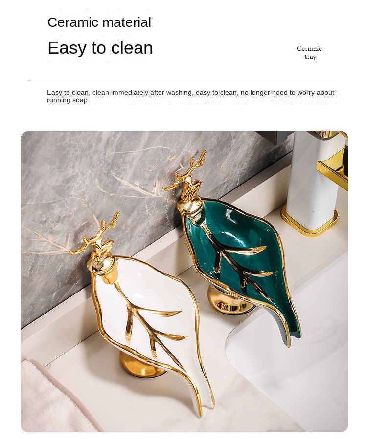 1pc Leaf Shaped Soap Box With Deer Decoration, Self-draining Soap Dish, Soap Holder For Bathroom & Kitchen, Home Decor, Bathroom Essential