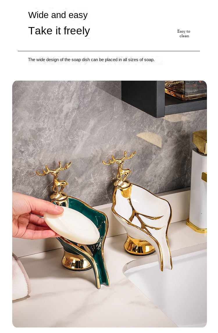 1pc Leaf Shaped Soap Box With Deer Decoration, Self-draining Soap Dish, Soap Holder For Bathroom & Kitchen, Home Decor, Bathroom Essential