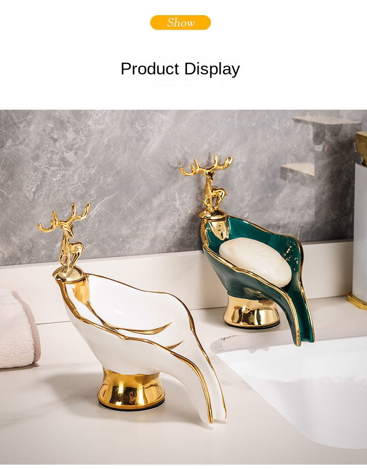 1pc Leaf Shaped Soap Box With Deer Decoration, Self-draining Soap Dish, Soap Holder For Bathroom & Kitchen, Home Decor, Bathroom Essential