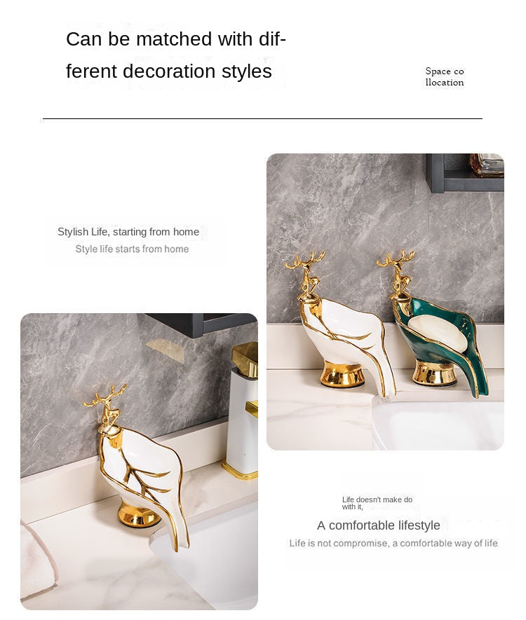 1pc Leaf Shaped Soap Box With Deer Decoration, Self-draining Soap Dish, Soap Holder For Bathroom & Kitchen, Home Decor, Bathroom Essential