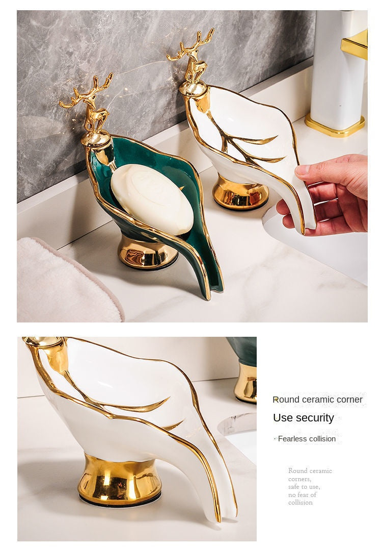 1pc Leaf Shaped Soap Box With Deer Decoration, Self-draining Soap Dish, Soap Holder For Bathroom & Kitchen, Home Decor, Bathroom Essential