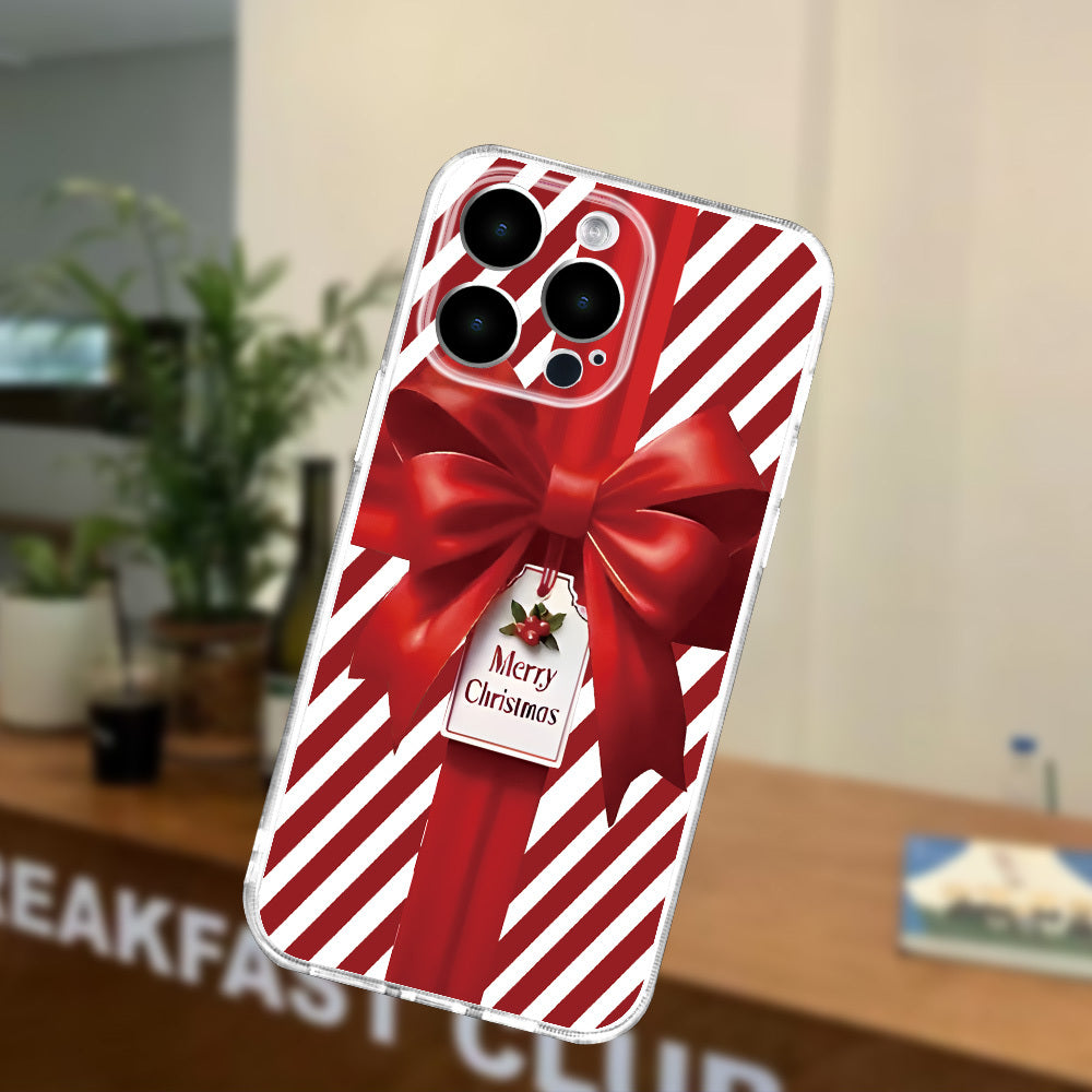 Christmas Bow Gift Box Simple Print Mobile Phone Case, Mobile Phone Case Suitable for iPhone 16/15/14/13/12/11/X/XR/XS/8/7/SE Mini Plus Pro Max Series Crystal Transparent Full Protection Mobile Phone Case