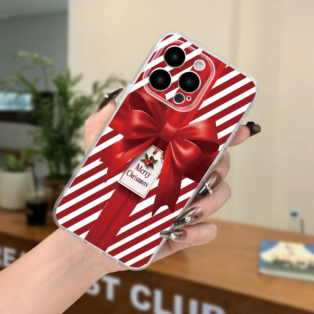 Christmas Bow Gift Box Simple Print Mobile Phone Case, Mobile Phone Case Suitable for iPhone 16/15/14/13/12/11/X/XR/XS/8/7/SE Mini Plus Pro Max Series Crystal Transparent Full Protection Mobile Phone Case