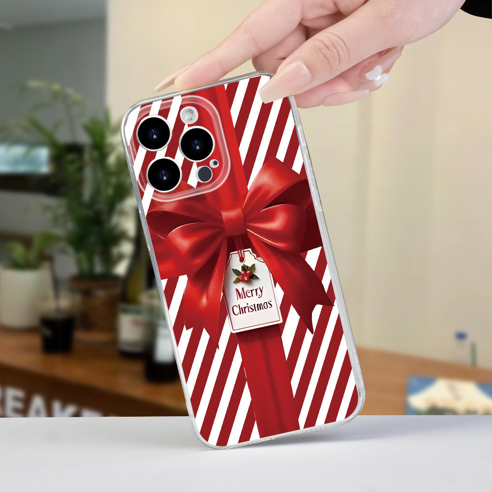 Christmas Bow Gift Box Simple Print Mobile Phone Case, Mobile Phone Case Suitable for iPhone 16/15/14/13/12/11/X/XR/XS/8/7/SE Mini Plus Pro Max Series Crystal Transparent Full Protection Mobile Phone Case