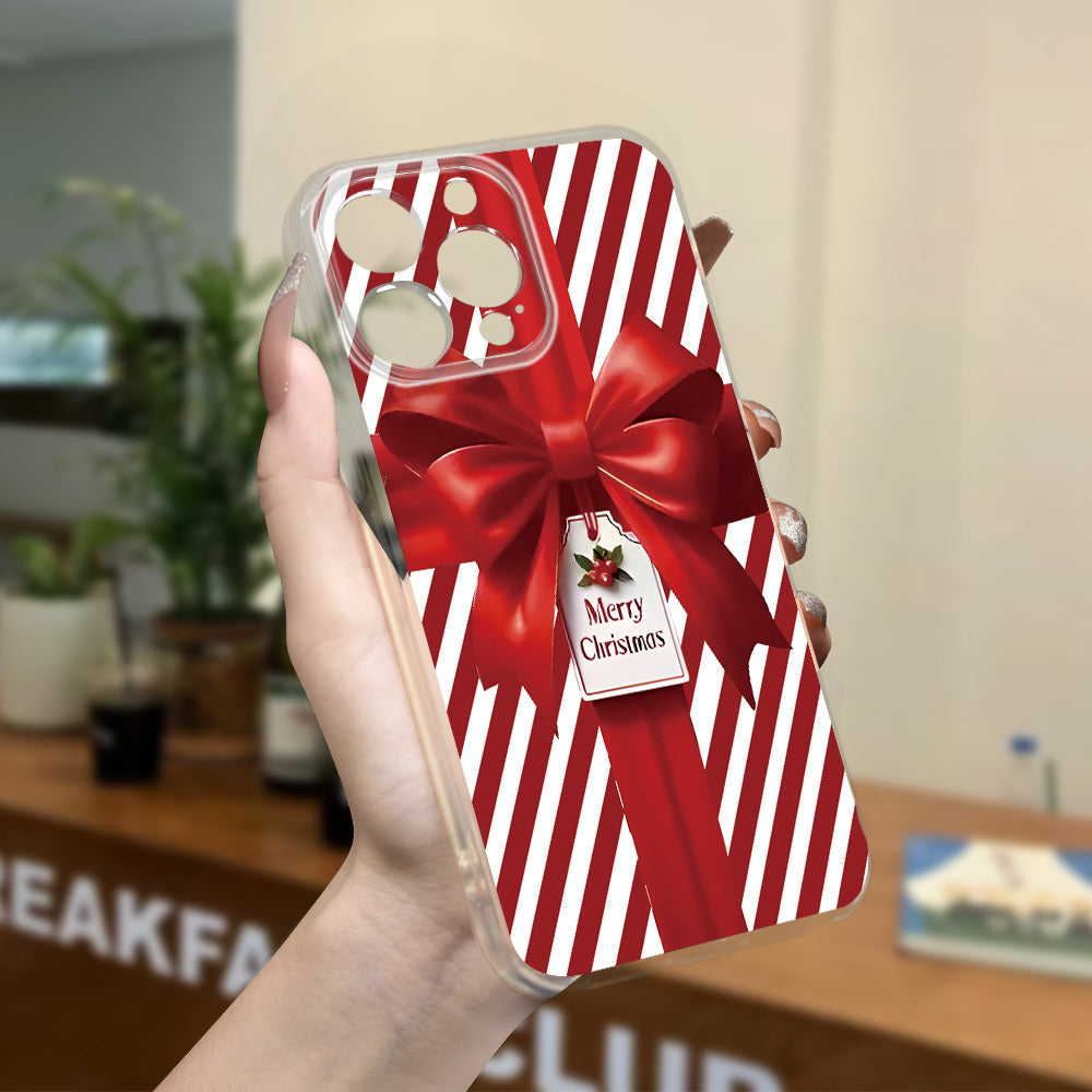 Christmas Bow Gift Box Simple Print Mobile Phone Case, Mobile Phone Case Suitable for iPhone 16/15/14/13/12/11/X/XR/XS/8/7/SE Mini Plus Pro Max Series Crystal Transparent Full Protection Mobile Phone Case