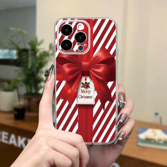 Christmas Bow Gift Box Simple Print Mobile Phone Case, Mobile Phone Case Suitable for iPhone 16/15/14/13/12/11/X/XR/XS/8/7/SE Mini Plus Pro Max Series Crystal Transparent Full Protection Mobile Phone Case