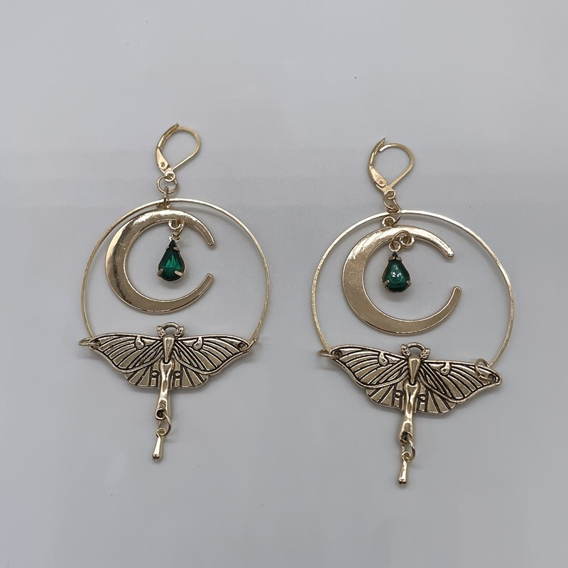 Hollow Circle With Moon Moth Decor Golden Dangle Earrings Retro Bohemian Style Alloy 18K Gold Plated Jewelry Trendy Female Gift