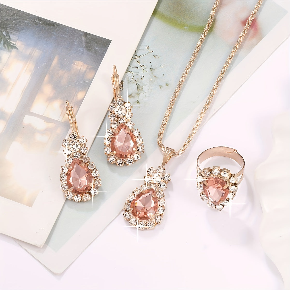 Elegant 4pcs Women's Fashion Teardrop Jewelry Set, Necklace & Earrings, Crystal Embellished, Rose Golden/Ruby Color Options, Gift Box Included For Special Occasions