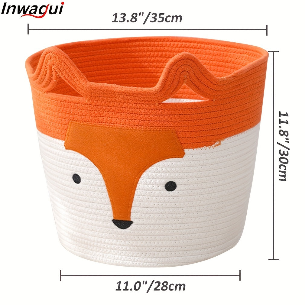 Rope Basket, Large Woven Storage Basket, Baby Toy Basket, Nursery Blanket Laundry Hamper with Handles for Kids, Clothes, Home Decor, Cute Fox 35X30X28Cm/13.78X11.81X11.02Inch, Orange, Laundry Baskets