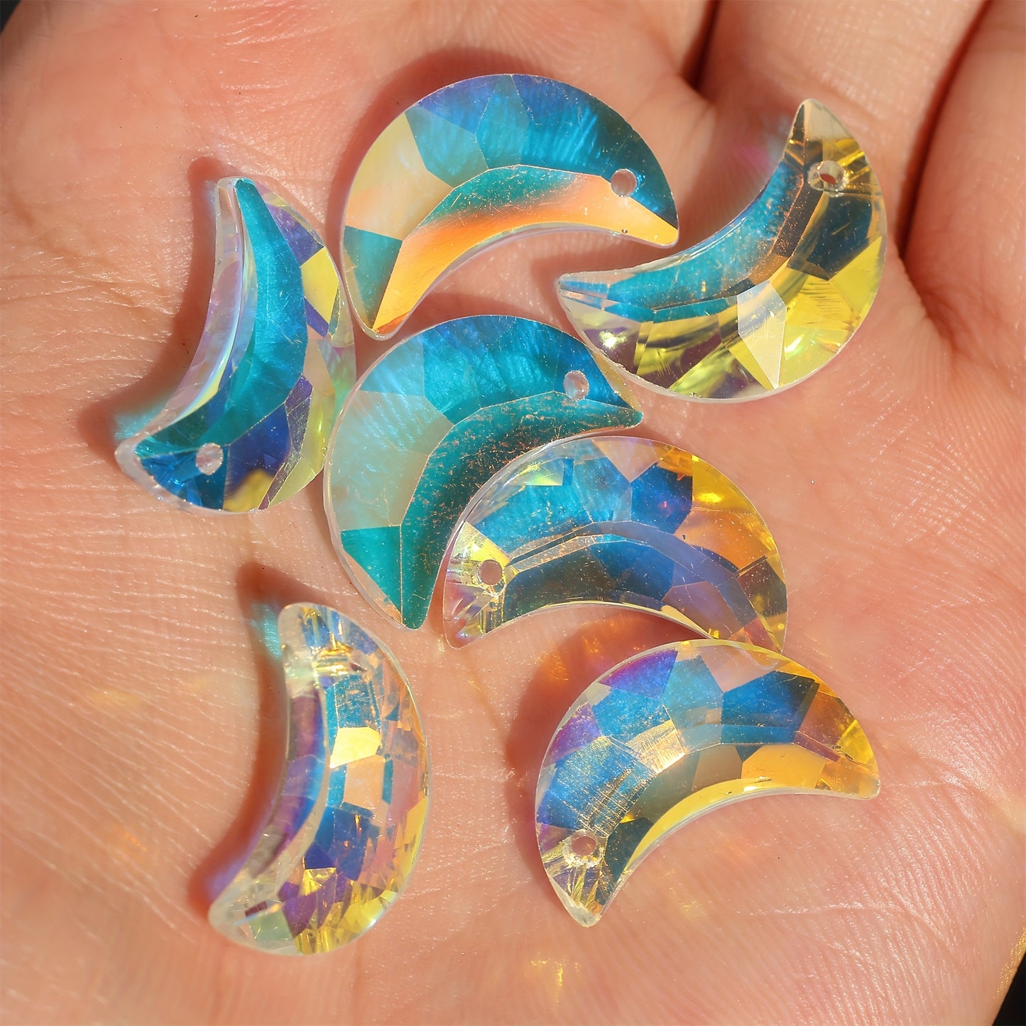 10pcs/50pcs ''Handmade''20mm Single Hole Moon Glass Crystal Beads, Colorful Prism Suncatcher Charm DIY Jewelry & Decoration Crafts