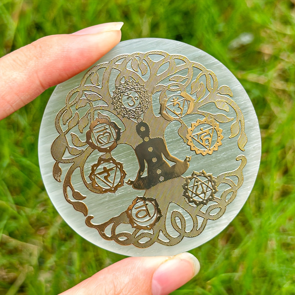 1pc Natural Selenite Slice, Irregular Crystal Stone Mixed Style Boho Star Moon Tree Flower Golden Tray Jewelry Accessories Art Craft Desktop Ornaments