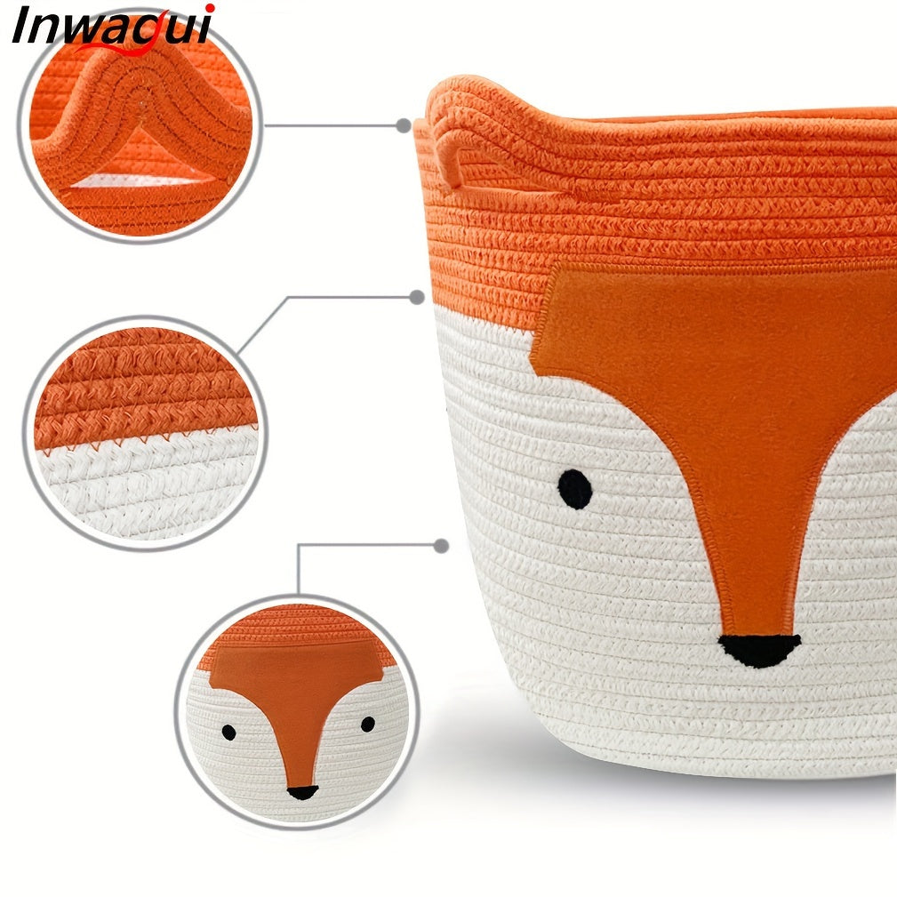 Rope Basket, Large Woven Storage Basket, Baby Toy Basket, Nursery Blanket Laundry Hamper with Handles for Kids, Clothes, Home Decor, Cute Fox 35X30X28Cm/13.78X11.81X11.02Inch, Orange, Laundry Baskets