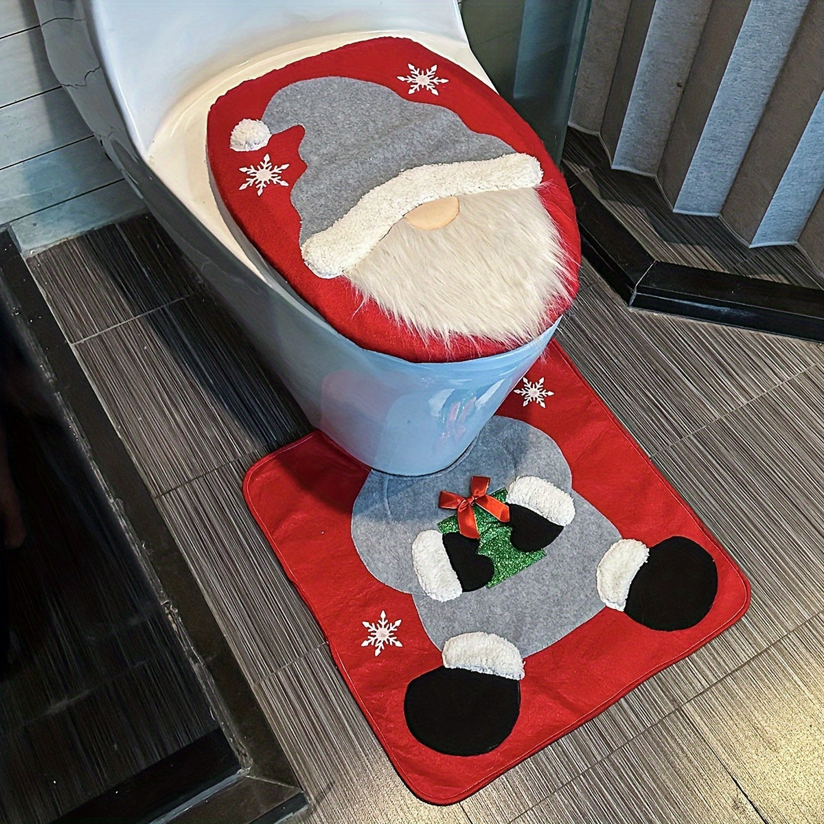 Festive Santa and Snowman Toilet Seat Cover and Rug Set - Seasonal Bathroom Decor - Christmas Gift Idea - Suitable for Holiday Home Accessories