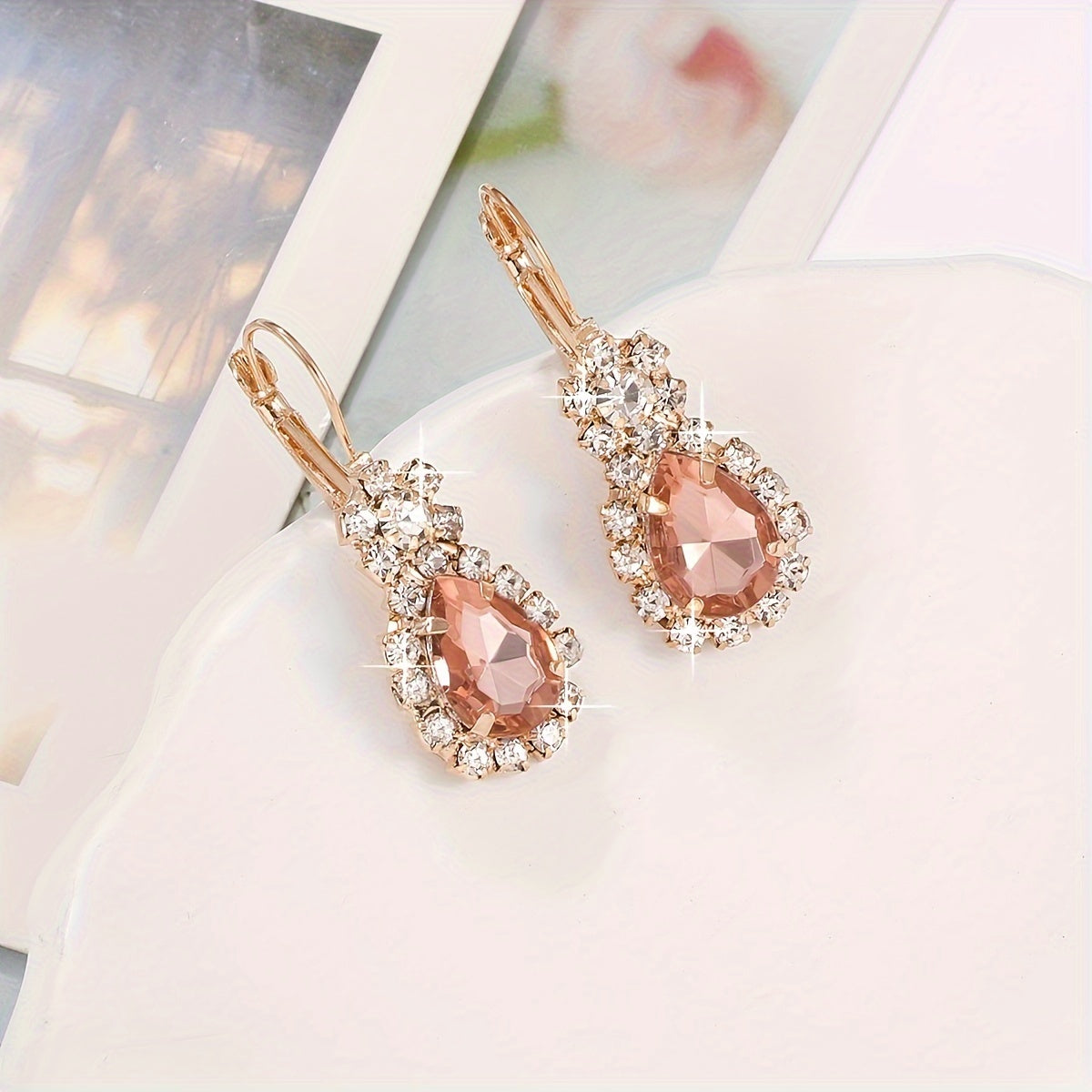 Elegant 4pcs Women's Fashion Teardrop Jewelry Set, Necklace & Earrings, Crystal Embellished, Rose Golden/Ruby Color Options, Gift Box Included For Special Occasions