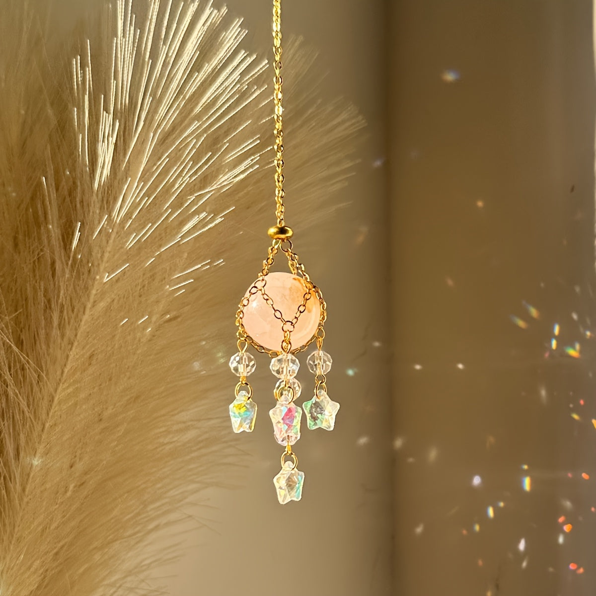 Golden Crystal Sun Catcher with Pink Bead & Faceted Pendant - Elegant Window, Garden, Home, or Car Hanging Decor for Weddings, Valentine's, Thanksgiving, Mother's Day Gifts
