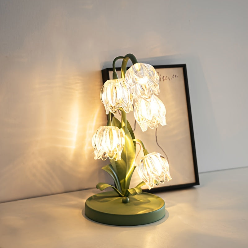 Elegant Crystal Orchid Table Lamp – Art Deco Glass Flower Design with Frosted Metal Finish, USB-Powered Ambient Light for Bedroom, Living Room, or Study Decor, Table Lamp for Bedroom