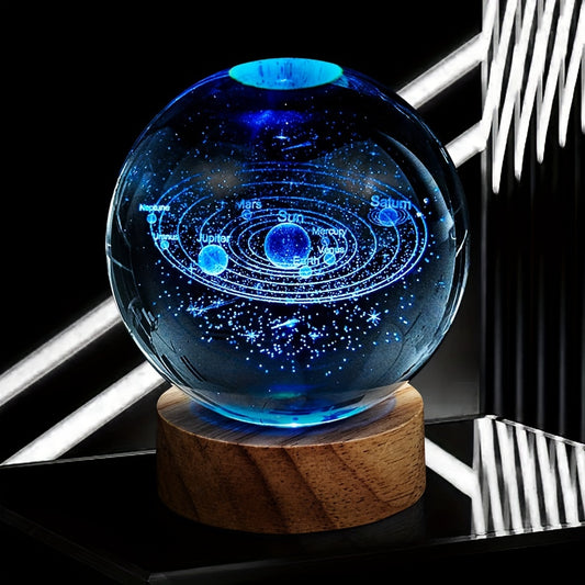 1pc Astronomy 3D Solar System Crystal Ball Ornament, RGB Color LED Lighting Laser Carved Glass Ball For Photography Decoration Birthday Novelty Gift, For Home Room Living Room Office Decor