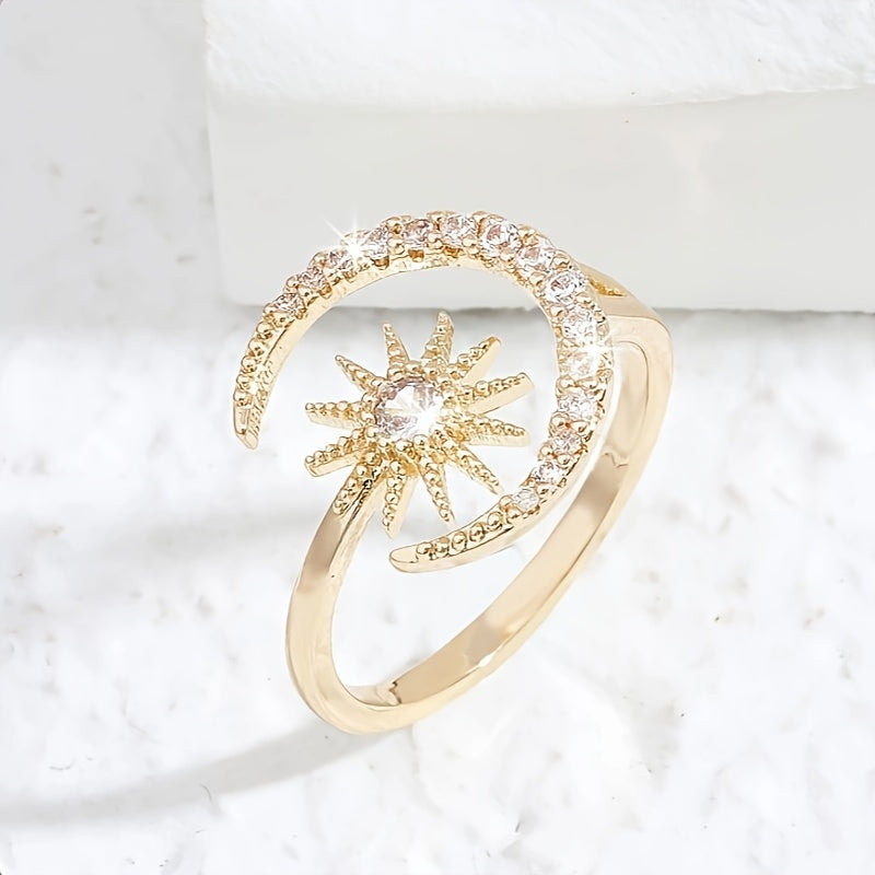 Elegant Style Star Moon Crystal Ladies Ring Inlaid zirconia Chunky Open Adjustable Ring For Women for eid, ramadan