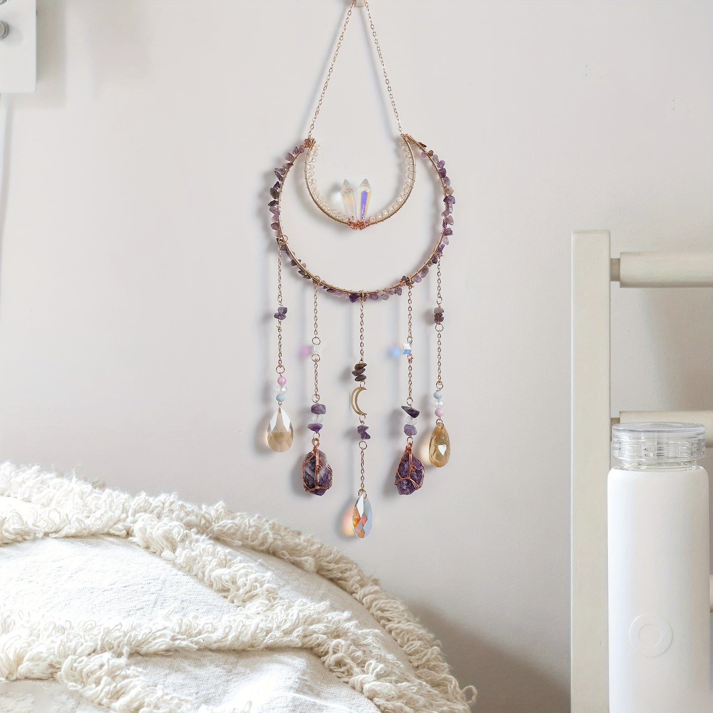 Bohemian Crystal Dream Catcher Sun Catcher Wall Hanging - Handmade Natural Crystal & Gemstone Wind Chimes with Rainbow Maker, Crescent Moon & Teardrop Pendants for Indoor/Outdoor Window Garden Decor, Christmas Wedding Birthda
