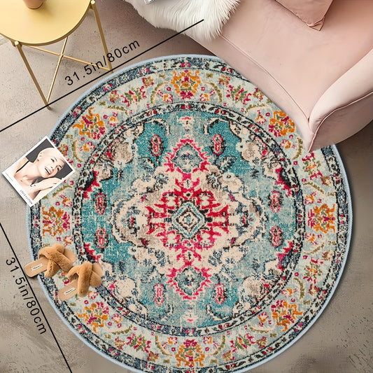 1pc Round Vintage Mat - Bohemian Floral Floor Mat - Persian Luxury Bedroom Decorative Mat - Washable Casual Mat: Perfect for Living Room, Bedroom, Home, and Room Decoration!